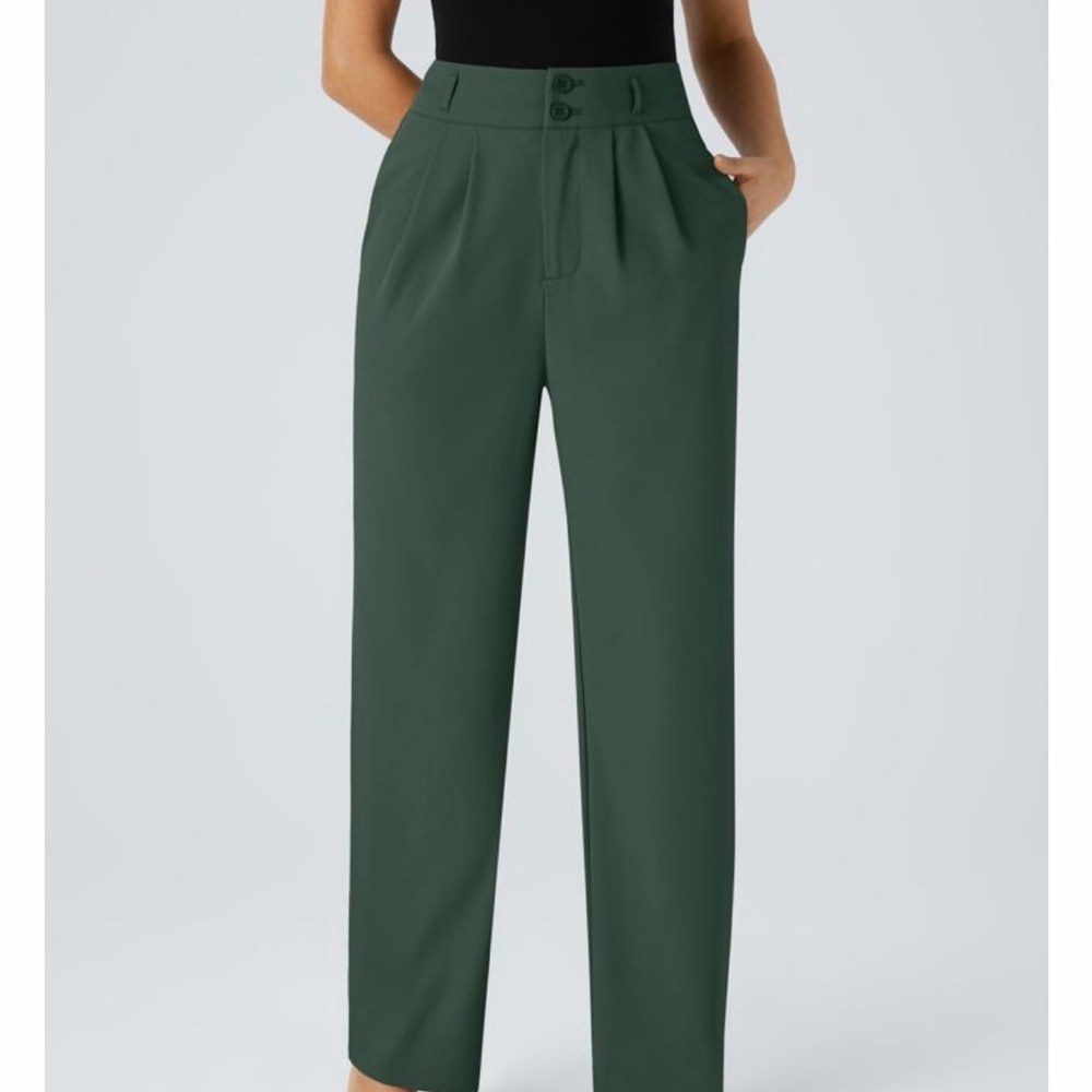 Halara Womens High Waisted Button Green Shirred Straight Leg Work Pants Size M